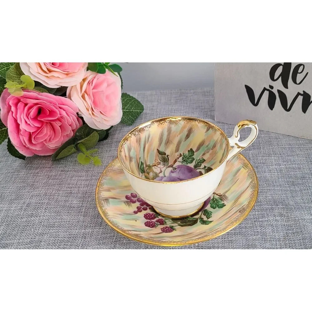 Rare Vintage OLD ROYAL Bone China Teacup & Saucer fruit orchard‎ Gold Rimmed